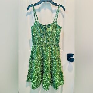 Cute Green Printed Tiered Sundress with Tie Front